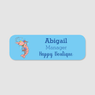 Cute happy shrimp, prawn cartoon name tag