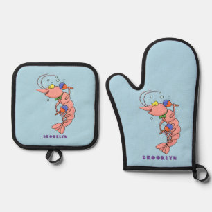 Cute happy shrimp, prawn cartoon oven mitt & pot holder set