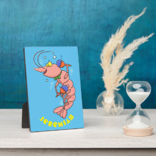 Cute happy shrimp, prawn cartoon plaque