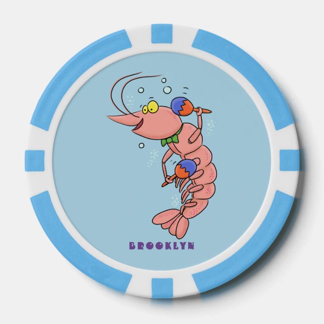 Cute happy shrimp, prawn cartoon poker chips (Front)
