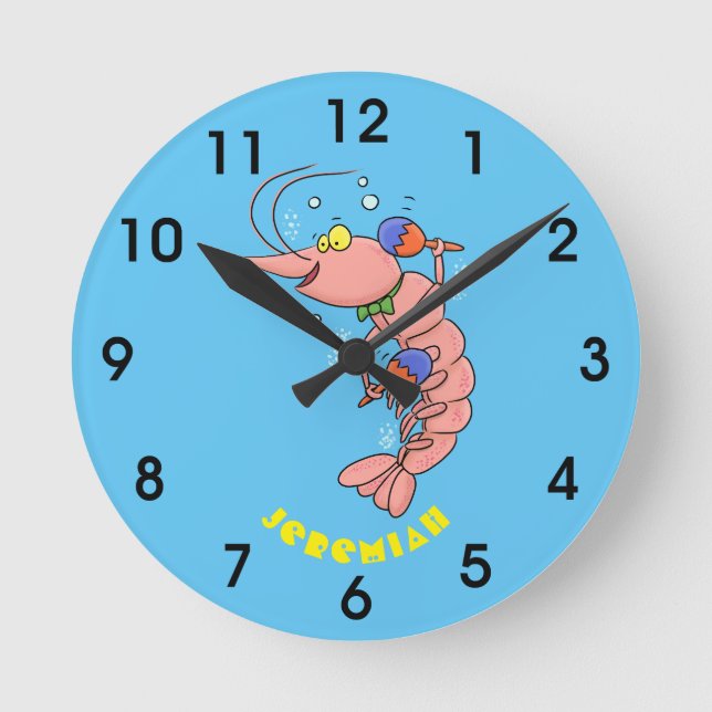 Cute happy shrimp, prawn cartoon round clock (Front)