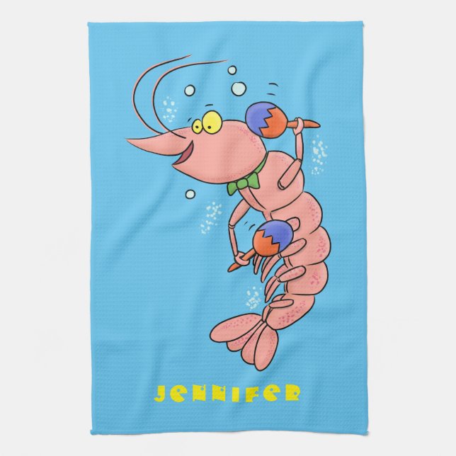 Cute happy shrimp, prawn cartoon tea towel (Vertical)