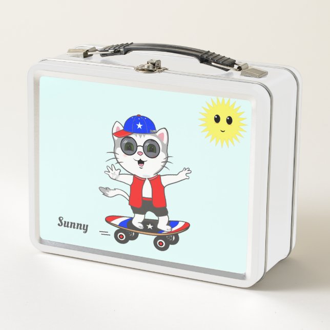 Cute Happy Skater Kitty Cat and Sun Metal Lunch Box (Front)