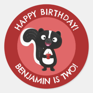 Cute happy skunk personalised cartoon birthday classic round sticker