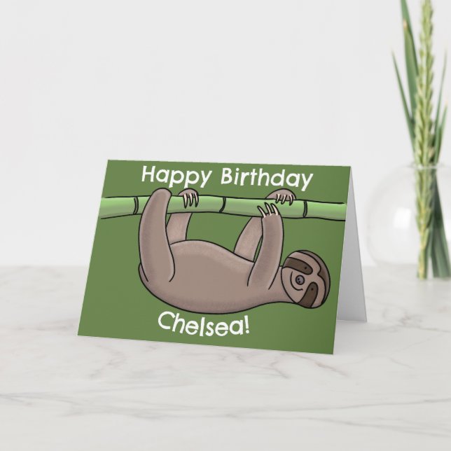Cute happy sloth on bamboo trunk cartoon birthday card (Front)