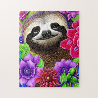 Cute Happy Sloth With Flowers Jigsaw Puzzle
