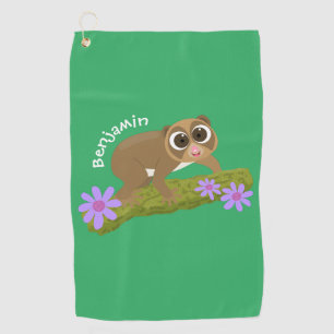 Cute happy slow loris on branch cartoon golf towel