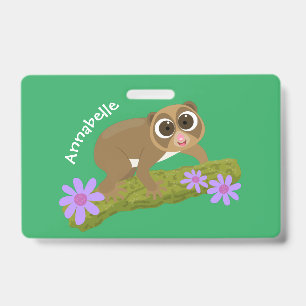 Cute happy slow loris on branch cartoon ID badge
