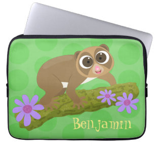 Cute happy slow loris on branch cartoon laptop sleeve