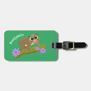 Cute happy slow loris on branch cartoon luggage tag
