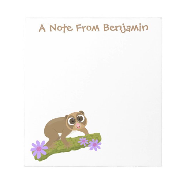 Cute happy slow loris on branch cartoon notepad (Front)