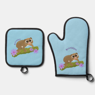 Cute happy slow loris on branch cartoon oven mitt & pot holder set