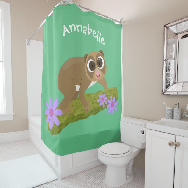 Cute happy slow loris on branch cartoon shower curtain (In Situ)
