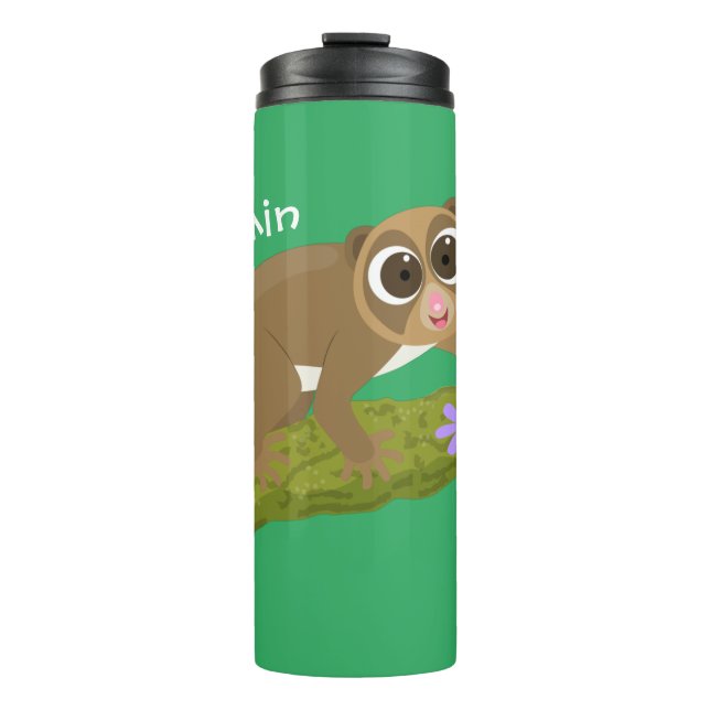 Cute happy slow loris on branch cartoon thermal tumbler (Front)