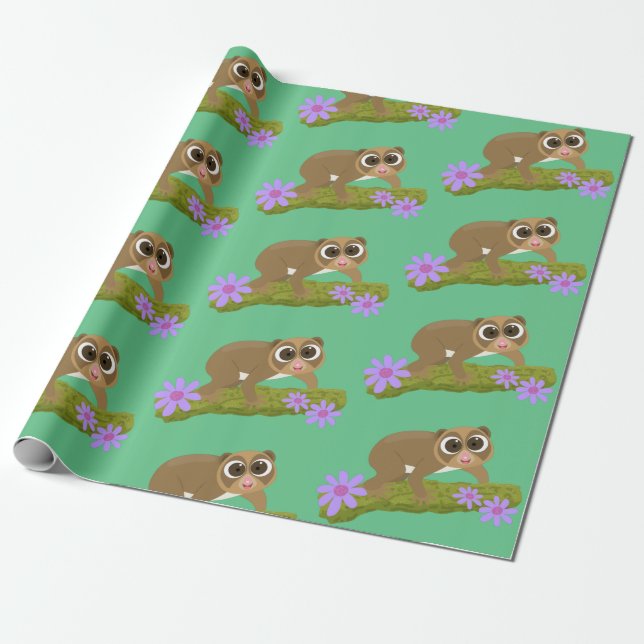 Cute happy slow loris on branch cartoon wrapping paper (Unrolled)