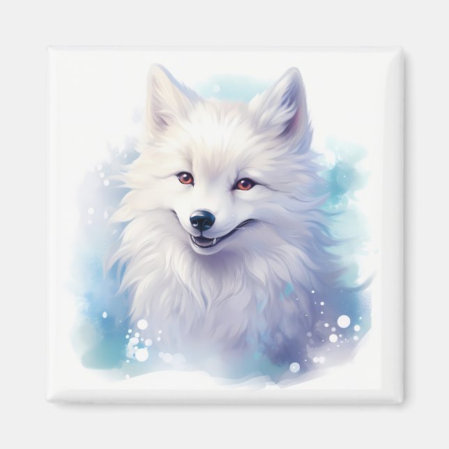 Cute Happy Smiling Arctic Fox on Snowy Blue Magnet (Front)