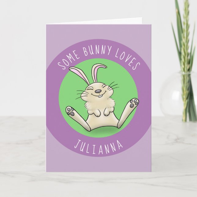 Cute happy smiling bunny purple rabbit cartoon card (Front)