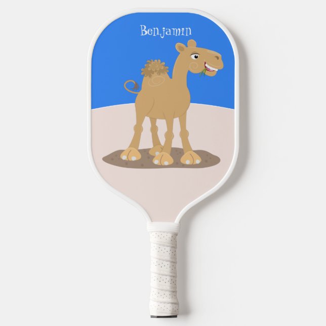 Cute happy smiling camel cartoon illustration pickleball paddle (Front)