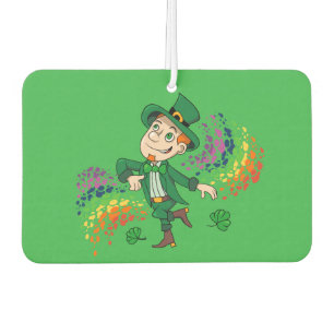 Cute happy smiling dancing leprechaun, a rainbow  car air freshener