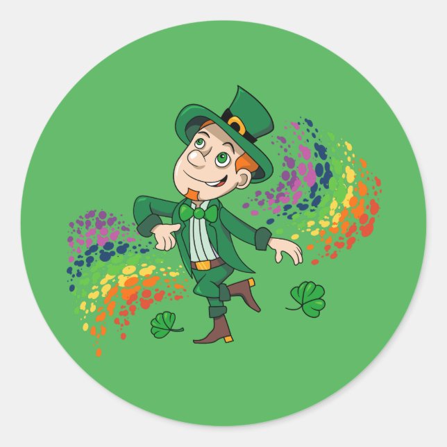 Cute happy smiling dancing leprechaun, a rainbow  classic round sticker (Front)