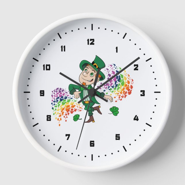 Cute happy smiling dancing leprechaun, a rainbow  clock (Front)