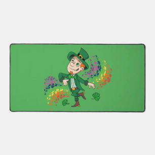 Cute happy smiling dancing leprechaun, a rainbow  desk mat