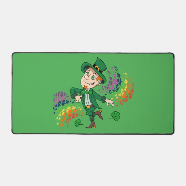 Cute happy smiling dancing leprechaun, a rainbow  desk mat (Front)