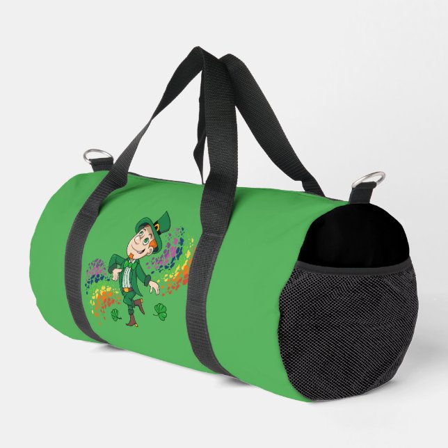 Cute happy smiling dancing leprechaun, a rainbow  duffle bag (Right Corner)