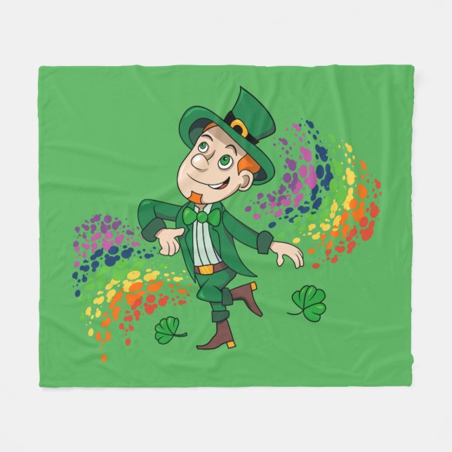 Cute happy smiling dancing leprechaun, a rainbow  fleece blanket (Front (Horizontal))