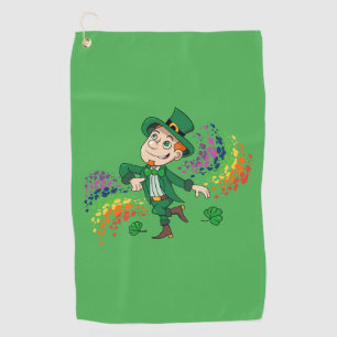 Cute happy smiling dancing leprechaun, a rainbow golf towel