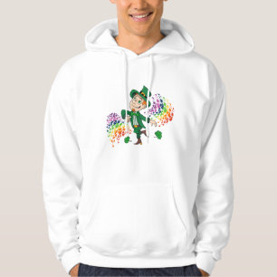 Cute happy smiling dancing leprechaun, a rainbow  hoodie