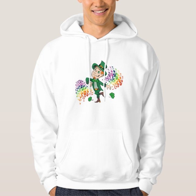 Cute happy smiling dancing leprechaun, a rainbow  hoodie (Front)