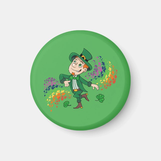 Cute happy smiling dancing leprechaun, a rainbow  magnet (Front)