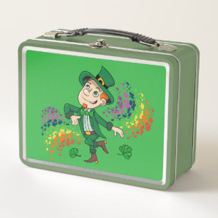 Cute happy smiling dancing leprechaun, a rainbow metal lunch box