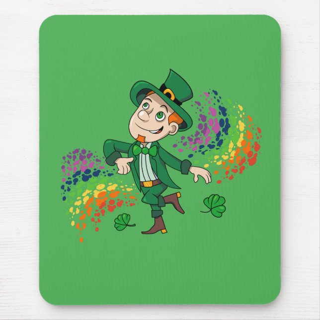 Cute happy smiling dancing leprechaun, a rainbow  mouse pad (Front)