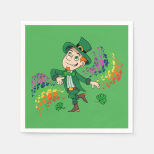 Cute happy smiling dancing leprechaun, a rainbow napkin