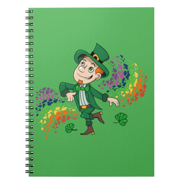 Cute happy smiling dancing leprechaun, a rainbow  notebook (Front)