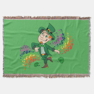 Cute happy smiling dancing leprechaun, a rainbow  throw blanket