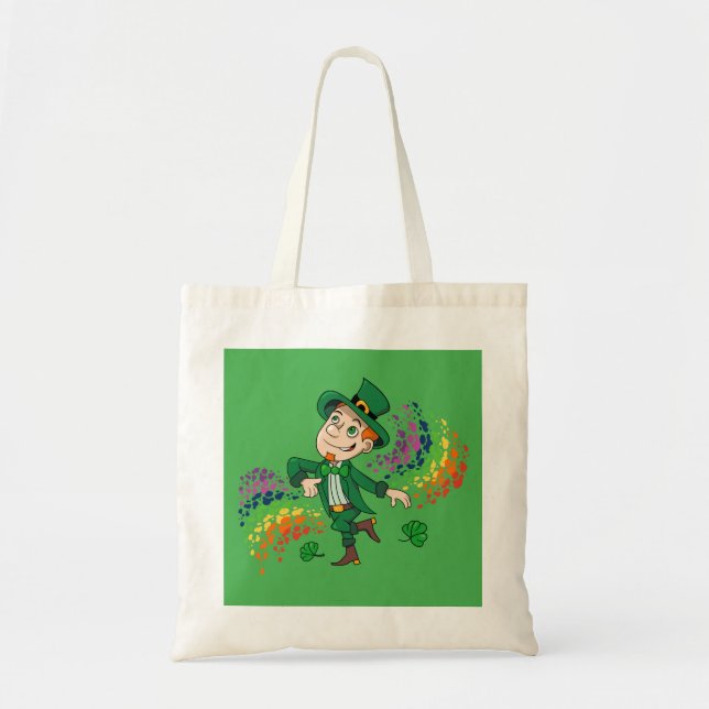 Cute happy smiling dancing leprechaun, a rainbow  tote bag (Front)