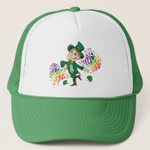 Cute happy smiling dancing leprechaun, a rainbow  trucker hat