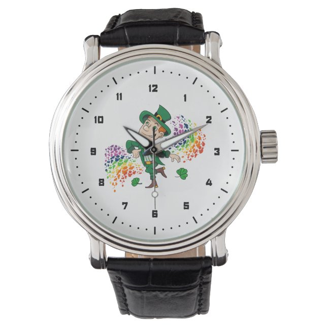 Cute happy smiling dancing leprechaun, a rainbow  watch (Front)