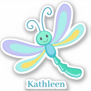 Cute happy smiling green purple teal dragonfly