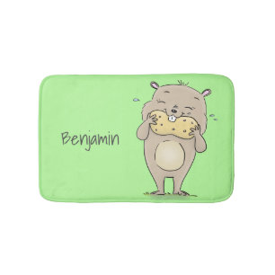 Cute happy smiling hamster with peanut cartoon bath mat
