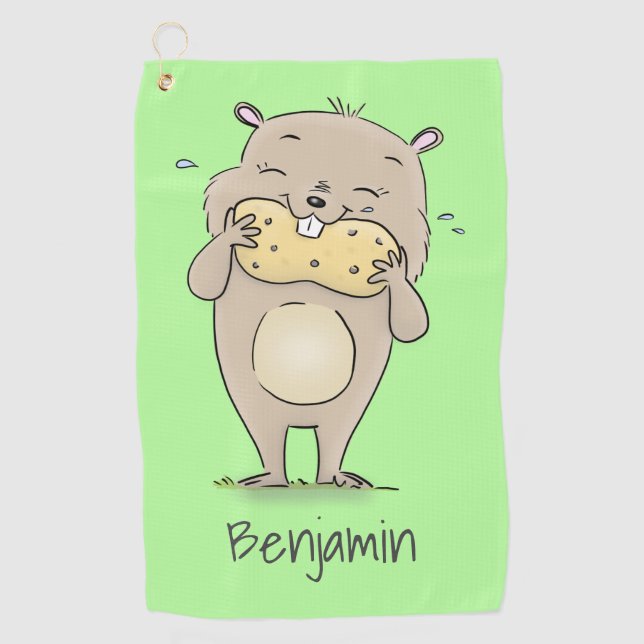 Cute happy smiling hamster with peanut cartoon golf towel (Front)