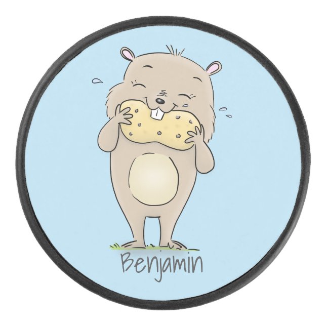 Cute happy smiling hamster with peanut cartoon hockey puck (Front)