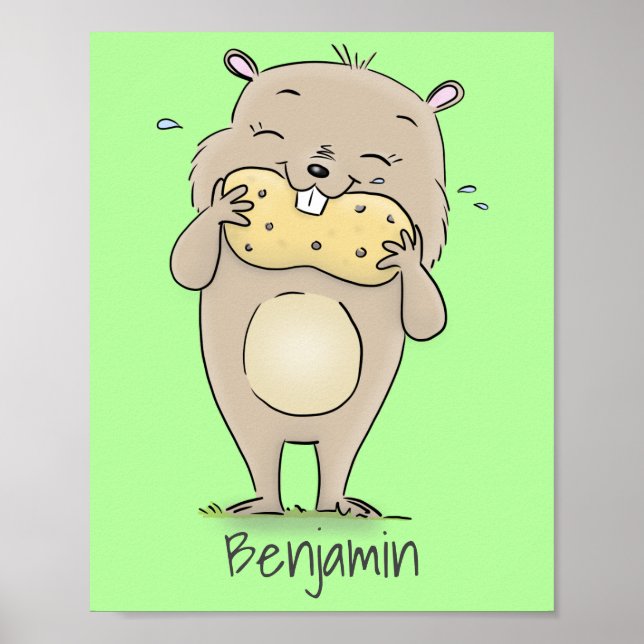 Cute happy smiling hamster with peanut cartoon poster (Front)