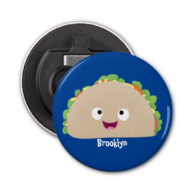Cute happy smiling taco cartoon illustration bottle opener (Front)