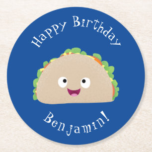 Cute happy smiling taco cartoon illustration round paper coaster