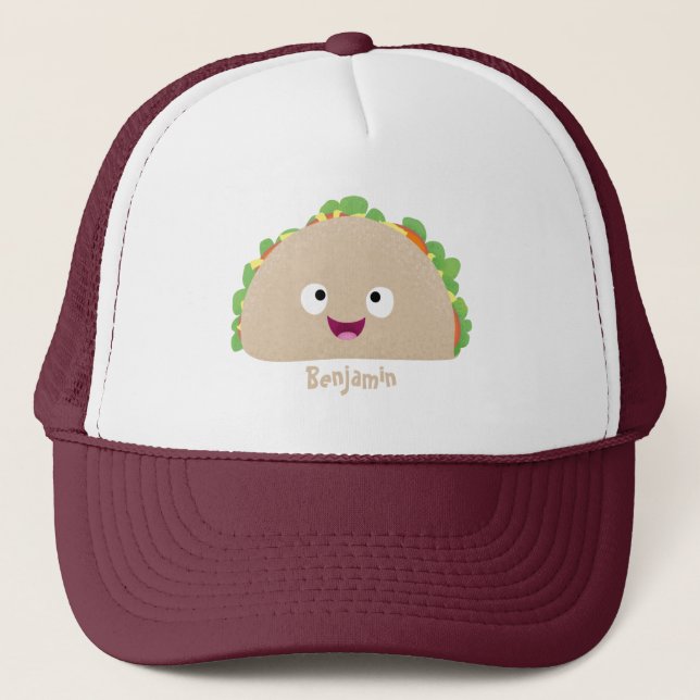 Cute happy smiling taco cartoon illustration trucker hat (Front)