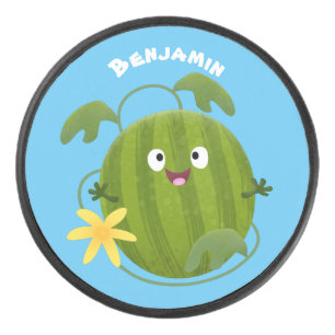 Cute happy smiling watermelon cartoon hockey puck